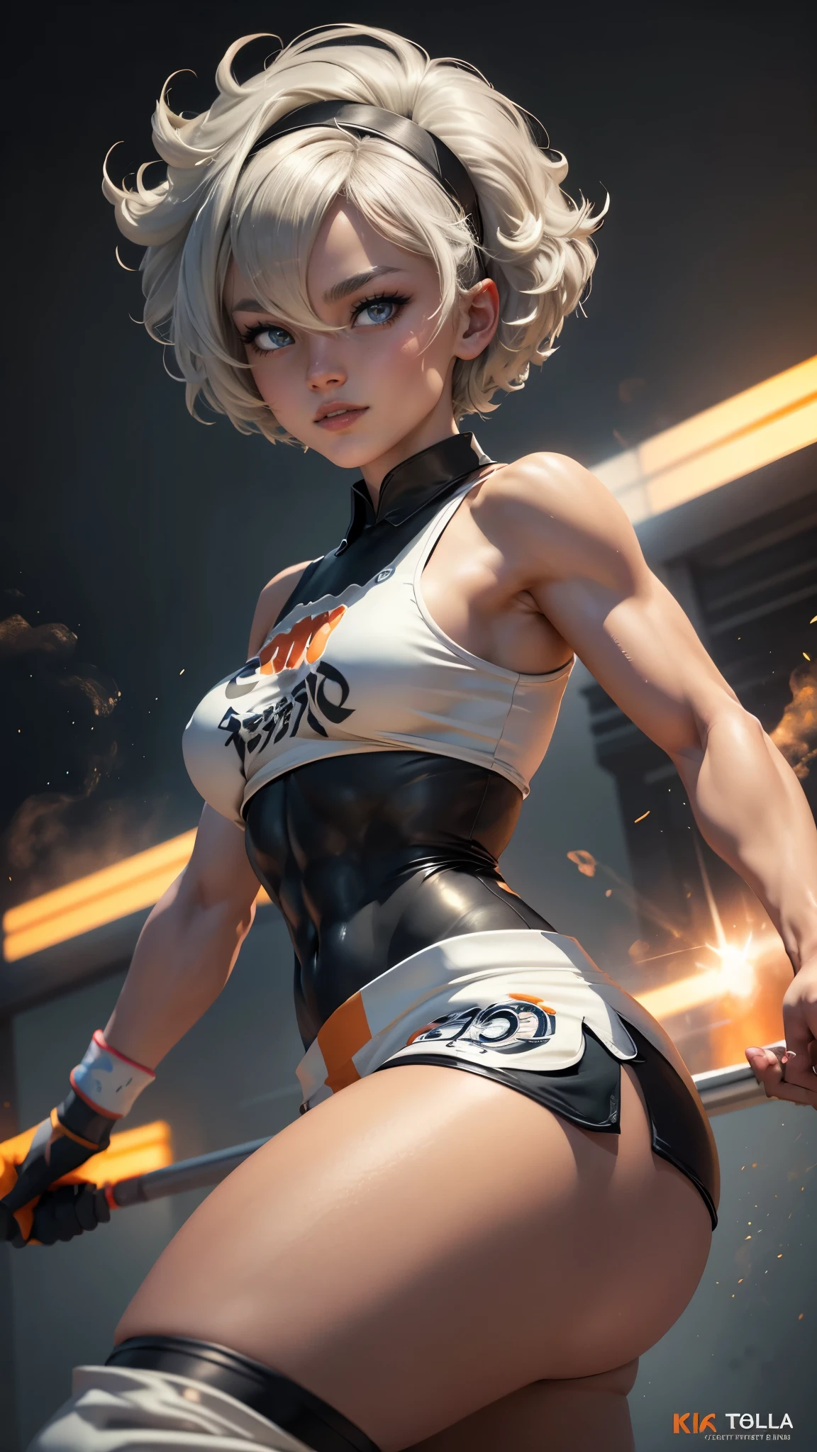Bea da pokemon,(best qualityer,4K,8k,high resolution, work of art:1.2)(weather: cloudy), Pokemon stadium background, short curly hair, gray hair, cropped shirt, micro shorts, thigh high stockings, headband, gloves, leotard, nipples, ultra detailed, realistic, beautiful detailed gray eyes, beautiful detailed lips, extremely detailed eye and face, extremely detailed hands, long eyelashes, average, medium breasts, flying hair, beaming smile, powerful girl in a combat, kung fu stance, sweating, bright coloured, dramatic lighting,
