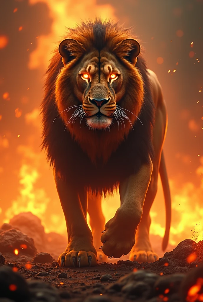 An imposing lion with thunder in his eyes, blood in the mouth, standing on fire