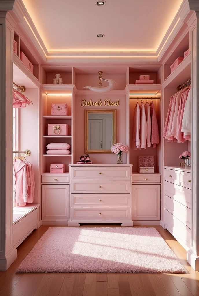 Make a pink girl closet that looks realistic. Add the text *Jashra's Closet* on a wall