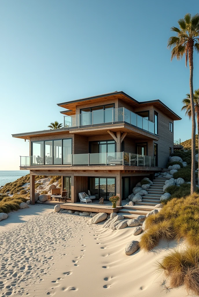 Create a large beach house with 2 floors , on the first level there is 1 room , 1 bathroom , kitchen , LAUNDRY , a garage and dining room