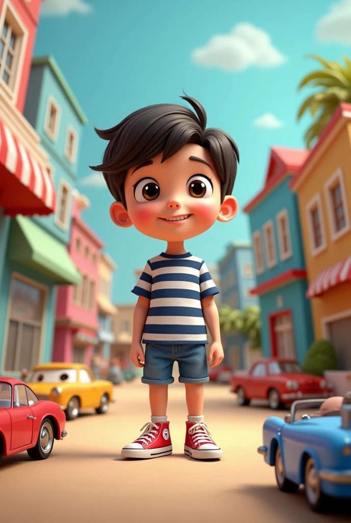 cartoon character standing in the middle of the room with little cars and toothpaste boxes as mini buildings, short black hair, dark brown eyes, light skin, wearing a navy blue and white striped shirt, denim shorts, All Star sneakers, happy and with an innocent look