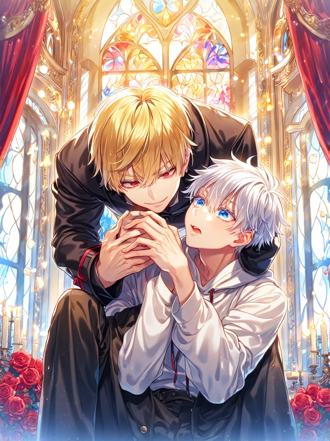 absurdres, highres, ultra detailed, HDR, master piece, best quality, perfect face, detailed eyes, detailed face, Gilgamesh, blonde hair, expressive red eyes, Fate Stay Night, Gojou Satoru, white hair, expressive blue eyes, white eyelashes, a handsome man together with a young boy, yaoi, gay couple, black coat, white hoodie, luxurious room, window, red curtains, red roses, candles