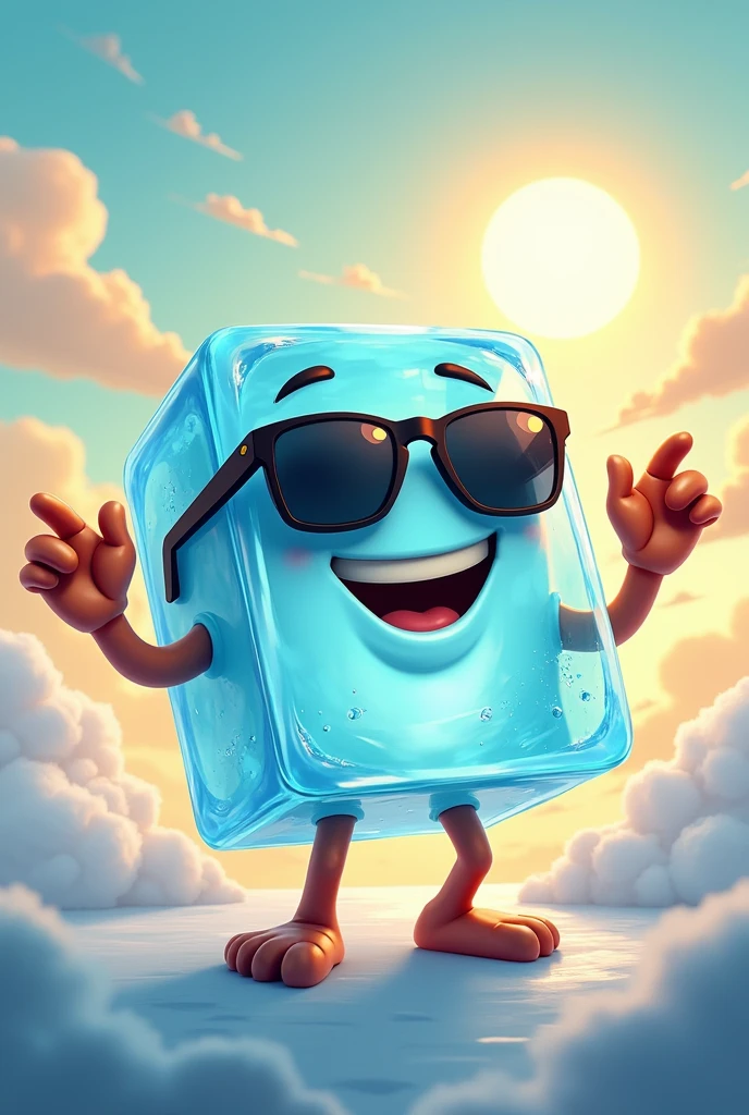 Animated ice cube with hands and feet, wearing sunglasses, that promotes the "San Felipe" brand, that has a background with clouds and sun (curious)
That helps promote the purchase