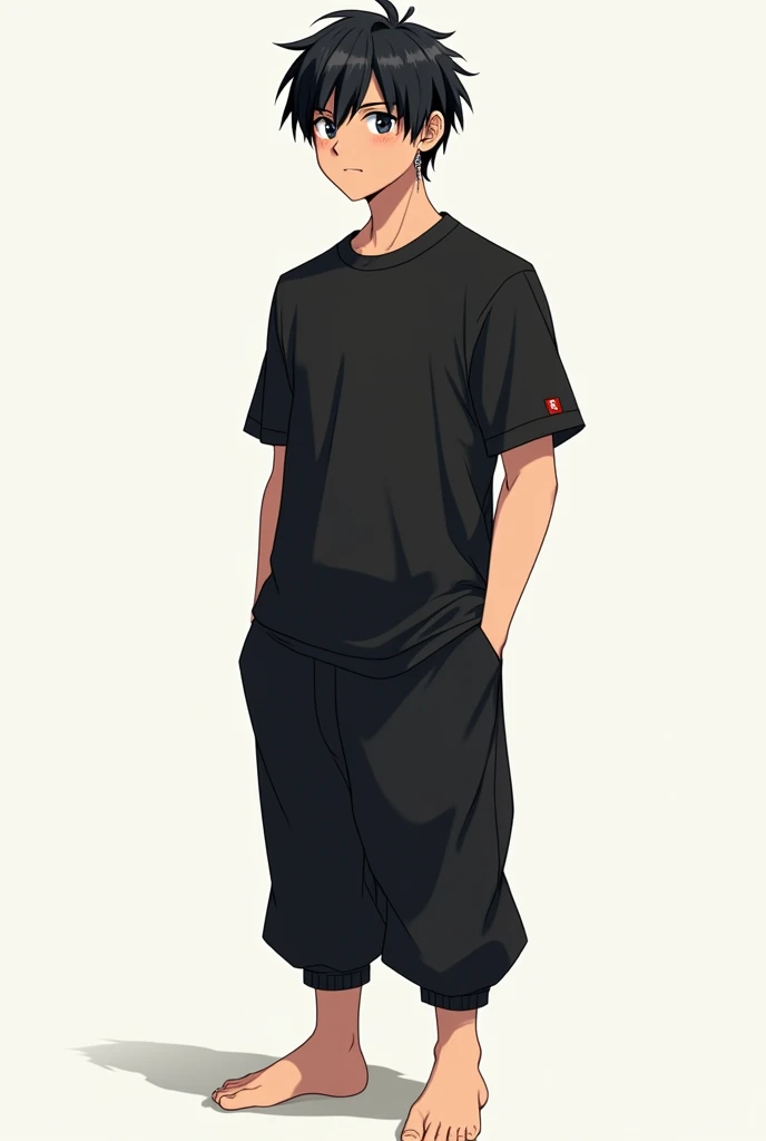 ANIME character man, Bblack hair, small silver hoop earring, Caucasian skin, black team shirt, black wide pants, bare feet