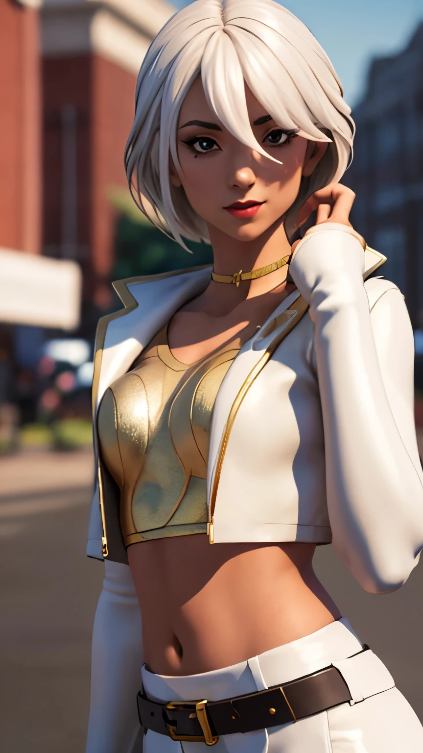 City background, 1girl, solo, AphroditeFN, Aphrodite from fortnite, (crop top, gold top, open clothes), (jacket crop top, white jacket, jacket loose, one short sleeve, one long sleeve), fingerless gloves, white skirt, miniskirt, belt, white hair, short hair, lipsticks, smirk, heart, upper body, looking at viewer,