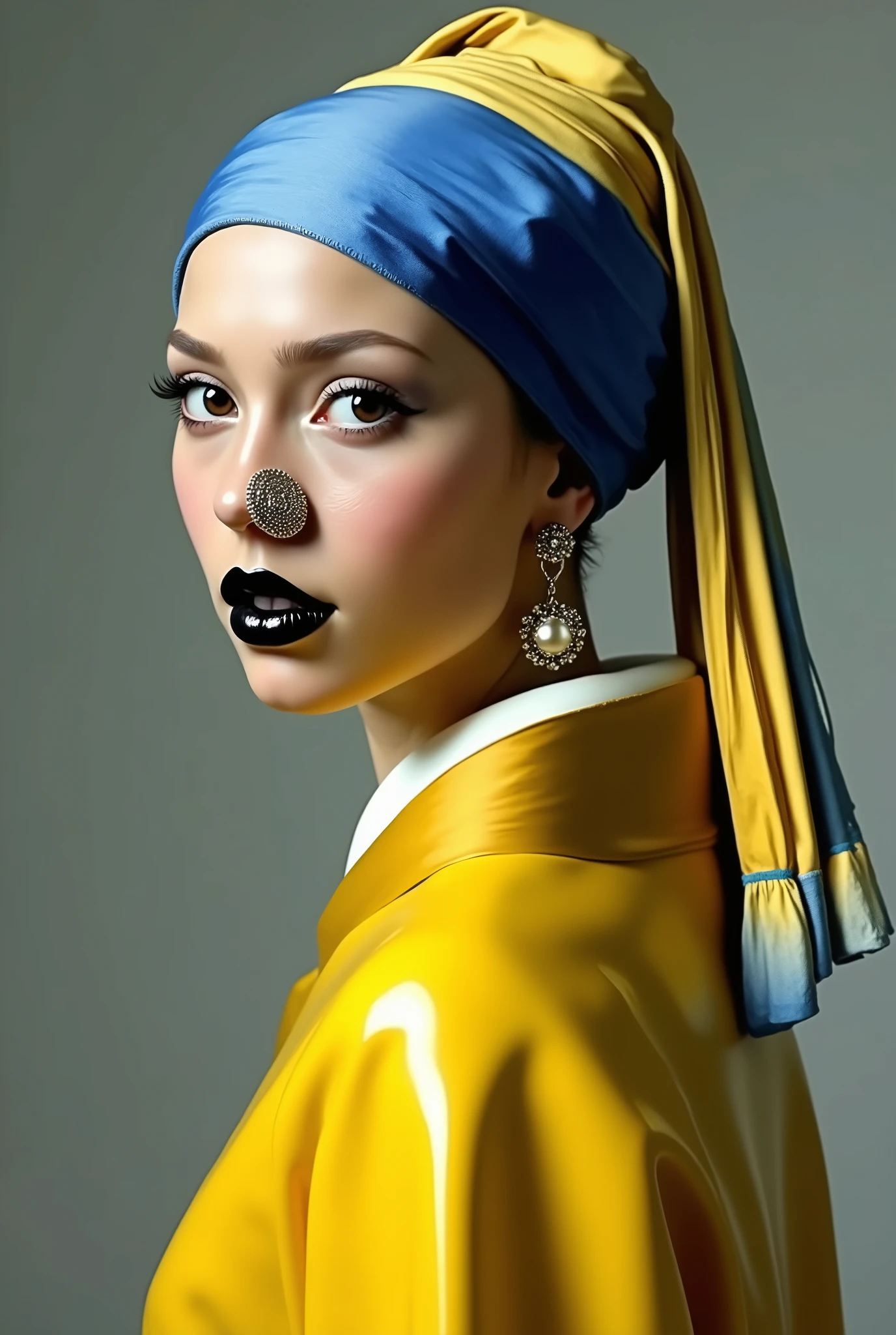 Créais une image comme le tableau de Johannes Vermeer, la jeune fille à la perle. Elle a un habit en matiere latex pvc vinyle brillant jaune. Le turban sur la tete est en latex pvc vinyle brillant bleu, jaune et blanc comme sur le tableau original. Les levres de la jeune fille sont noires brillantes et ses yeux sont maquillés noir brillant. Elle a un piercing gros anneau dans la narine gauche
