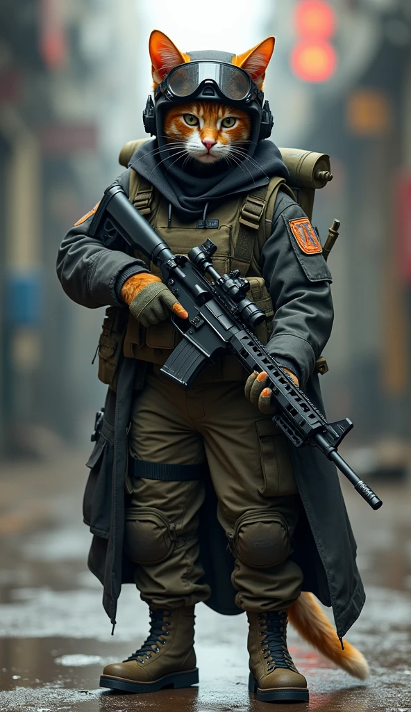 An anthropomorphic cat and inside ears Ear color Brown and belly color Root beer and a little beard Root beer but a little bit similar to foxes but still a cat. In military uniform and batinkas and equipment and firearms m4 и revolver magnum and armored rifle and pouches and goggles and a black raincoat and a tactical military helmet on the head and a black balaqua and gloves 