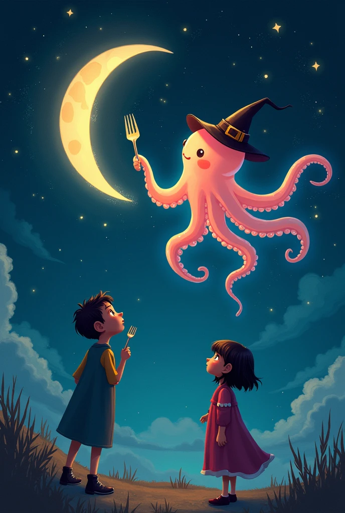 Two people look up at the sky at night and see next to the crescent a transparent,plush octopus.
The octopus with witch hat and a fork has.
And eats the sickle with the fork