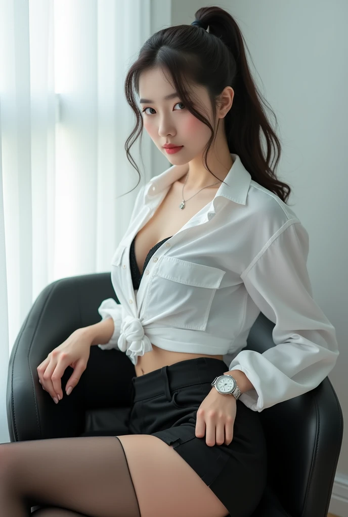 young Korean woman,Beautiful,wearing a sexy white work shirt,black bra visible,wearing a sexy black tight short skirt,black hair tied in a ponytail,beautiful ideal solid body,dense chest beautiful ideal,wearing a small silver necklace,wearing an elegant watch,sexy black chair sitting,wearing black stockings,against a white wall,Realistic detailed photography.best quality,8k hd.