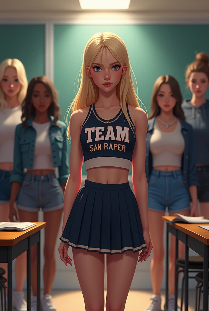 A girl wearing a high school cheerleader uniform walked into the classroom.. On the shirt it says "team san rafael".
She is thin and unfriendly, with turned legs, and the short, straight blonde hair. Her eyes were blue and her lips were thin and her skin was smooth as porcelain.
There were other leaders of tocida behind her from various ethnicities.