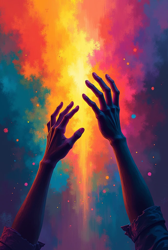 An abstract art but full of bright colors and two hands about to touch each other 