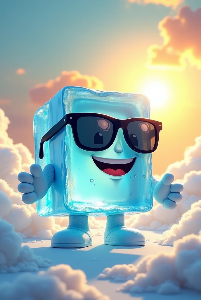 Animated ice cube with hands and feet, wearing sunglasses, that promotes the "San Felipe" brand, that has a background with clouds and sun (curious)
That helps promote the purchase