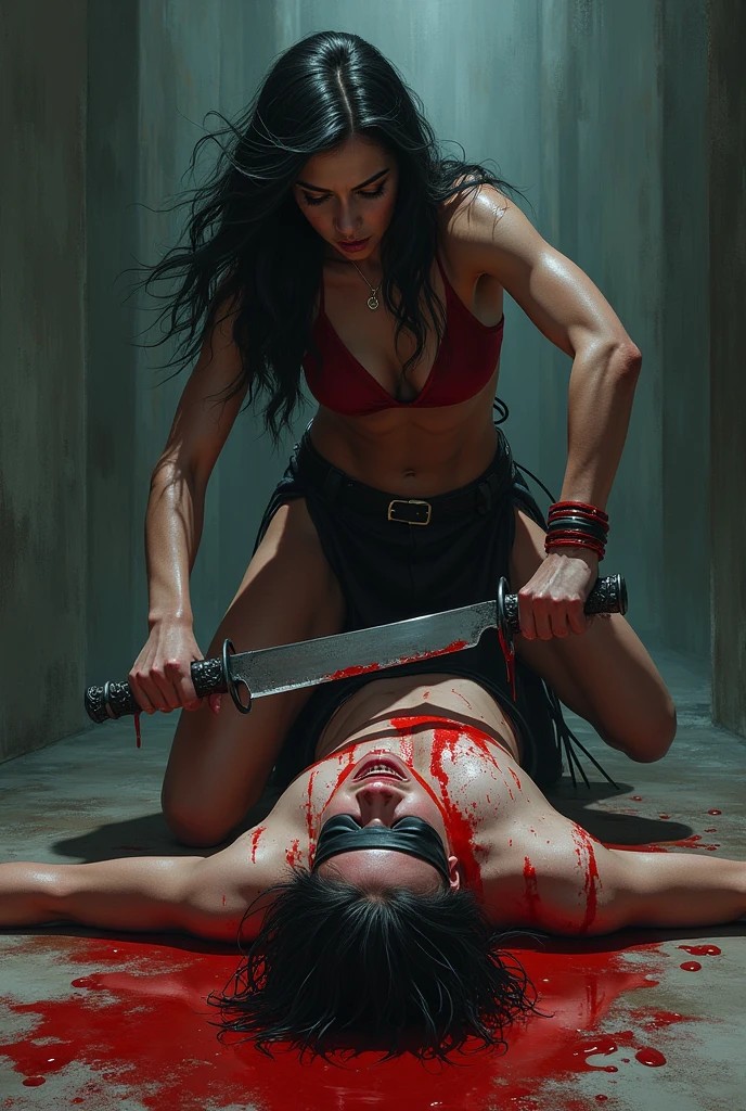 Realistic, A very beautiful executioner superheroine girl knife, slaughter throat A boy prisoner blindfold neck bloody splashed, full body, wide open throat, throat contents