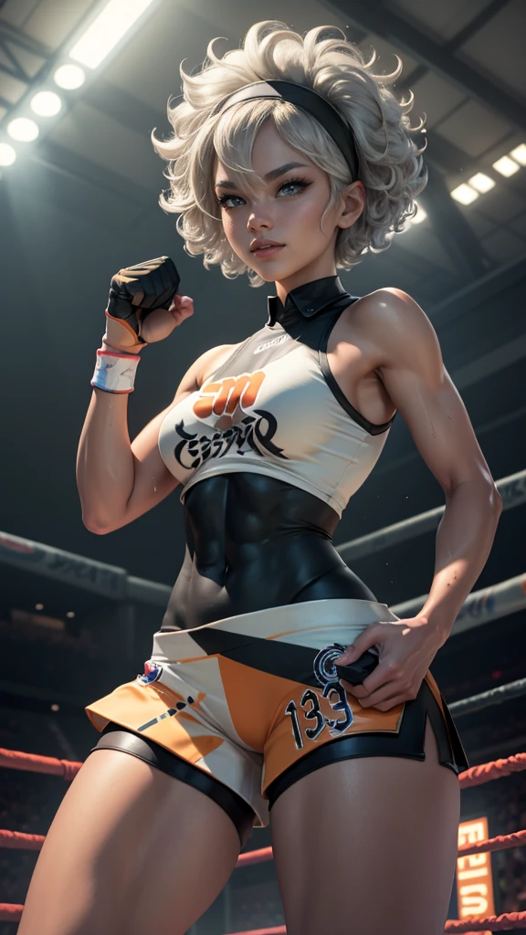 Bea da pokemon,(best qualityer,4K,8k,high resolution, work of art:1.2)(weather: cloudy), sport stadium background, short curly hair, gray hair, cropped shirt, micro shorts, thigh high stockings, headband, gloves, leotard, nipples, ultra detailed, realistic, beautiful detailed gray eyes, beautiful detailed lips, extremely detailed eye and face, extremely detailed hands, long eyelashes, average, medium breasts, flying hair, beaming smile, powerful girl in a combat, boxer stance, sweating, bright coloured, dramatic lighting, sports celebration,