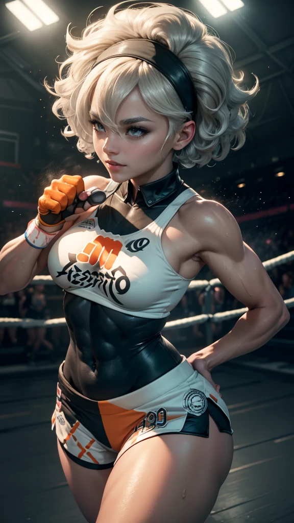 Bea da pokemon,(best qualityer,4K,8k,high resolution, work of art:1.2)(weather: cloudy), sport stadium background, short curly hair, gray hair, cropped shirt, micro shorts, thigh high stockings, headband, gloves, leotard, nipples, ultra detailed, realistic, beautiful detailed gray eyes, beautiful detailed lips, extremely detailed eye and face, extremely detailed hands, long eyelashes, average, medium breasts, flying hair, beaming smile, powerful girl in a combat, boxer stance, sweating, bright coloured, dramatic lighting, sports celebration,