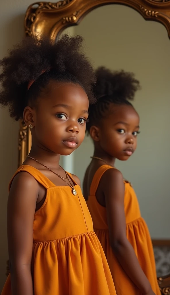 Create UHD photorealistic realistic photo, no animation, no 3d image, no pixar style animation, no extra fingers. 30-month-old French-African toddler girl wearing a stylish amber-colored dress, posing in front of a vintage mirror. Shot with a Sony A1, 35mm f/1.4 lens, using golden hour lighting. High-end fashion-style family photo by a photographer with 30 years of experience.