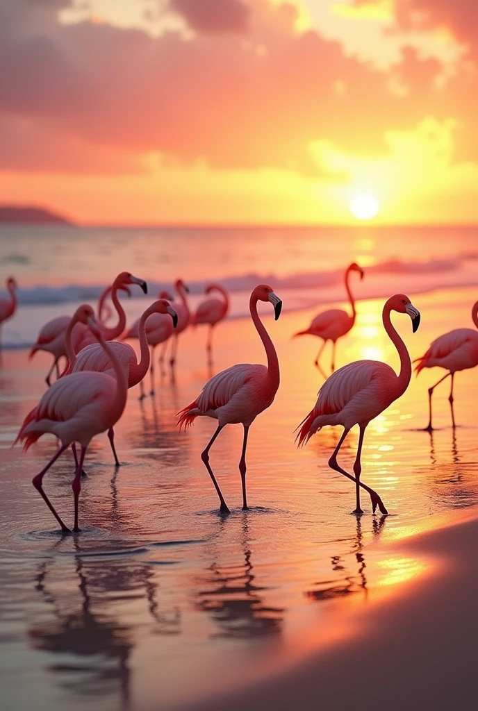 Flamingos on the beach at sunset 
