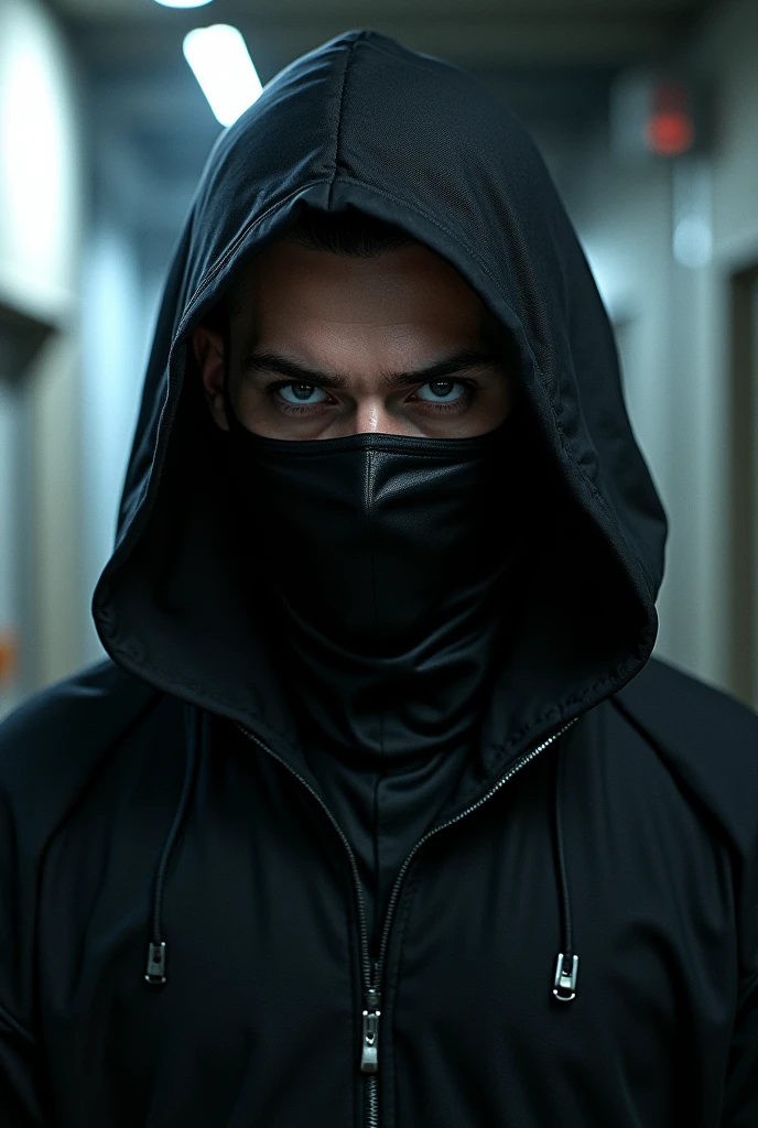 male character, with black mask, white eyes, cyberpuk, character facing forward, with hood,