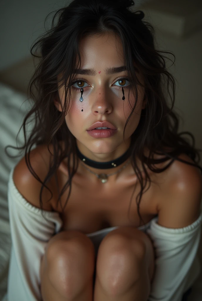 (photorealism:1.2), russian teen, 18 years, open legs, down on my knees, choker, by rubio, small, tiny, little boobs, little waist, little cute  face, drools a lot, drooling with saliva, saliva lines, trace of saliva, crying, black mascara tears run down cheeks, makeup smeared, point of view from above 8K