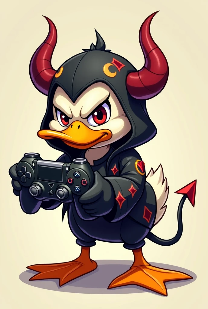  A cartoon-style duck wearing a black demon outfit with a video game controller in his hand 