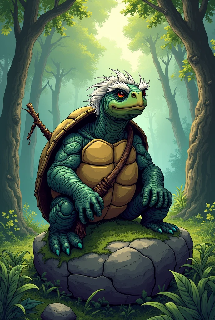An old turtle sitting on a rock in the middle of a forest, this turtle has white hair, thick white eyebrows and lots of wrinkles on the skin, she is holding a large twig in her lap, I want vibrant and very eye-catching colors, comic book style.