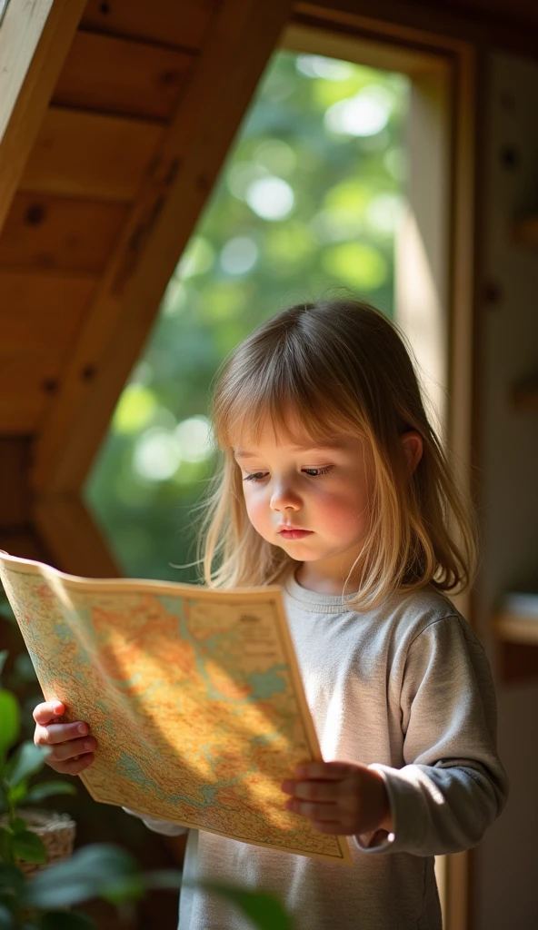 Create UHD photorealistic realistic photo, no animation, no 3d image, no pixar style animation, no extra fingers. 36-month-old French-Swedish girl with blonde hair, looking at a map upside down in a treehouse. Captured with a Leica Q2, 28mm f/1.7 lens, using dappled sunlight through leaves. Candid family moment by a photographer with 30 years of experience.