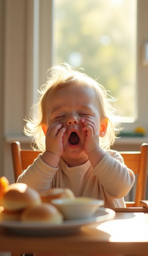 Create UHD photorealistic realistic photo, no animation, no 3d image, no pixar style animation, no extra fingers. 12-month-old French baby girl yawning and rubbing her eyes, sitting in a high chair with morning sunlight streaming through the window. Shot with a Canon R6, 24-70mm f/2.8 lens at 50mm, using natural light. Authentic family breakfast scene by a photographer with 30 years of experience.
