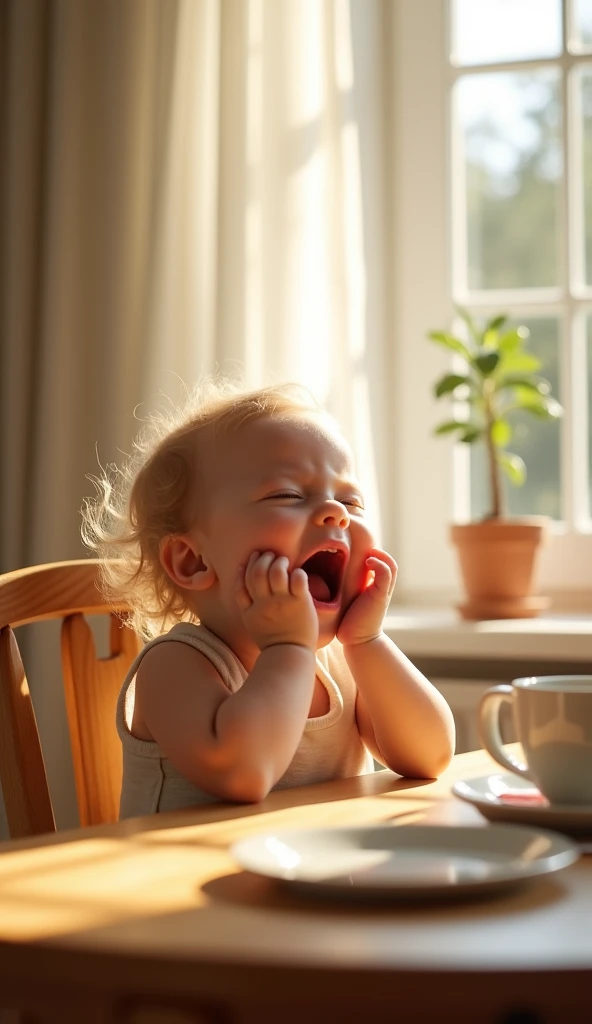 Create UHD photorealistic realistic photo, no animation, no 3d image, no pixar style animation, no extra fingers. -mold Fre baby girl ing and rubbing her eyes, sitting in a high chair with morning sunlight streaming through the window. Shot with a Canon R6, 24-70mm f/2.8 lens at 50mm, using natural light. Authentic family breakfast scene by a photographer with 30 years of experience.
