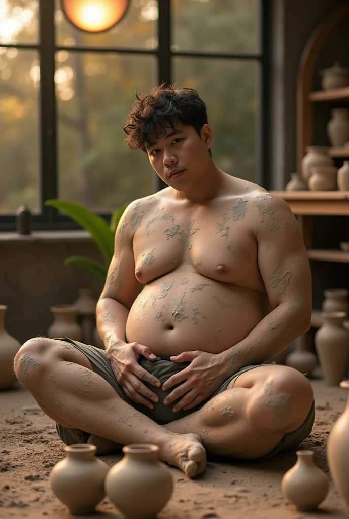 
Movie Photoshoot of,images madeup jungkook looklike on the floor surrounded by pottery and his clay, getting ready to sculpt, natural light, golden hour, back lit, face visible looking at camara, fully body angle, no marks on body, full body covered in clay smudges, plump , wet ,large suppository visible in pants, hands grabbing lap, overhead spotlight 