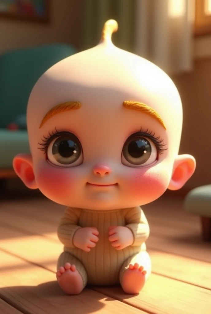 Bébé chauve, sourcil blond yeux gris et petit menton en pointe type pixar

