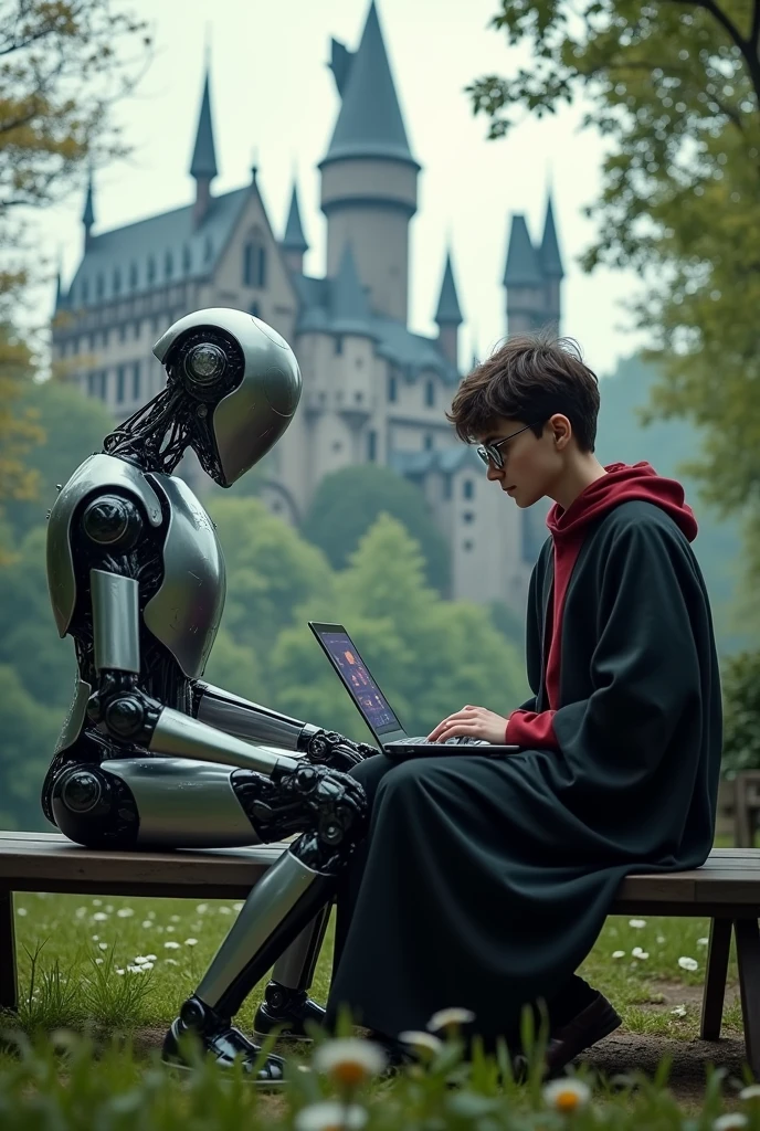 Harry Potter and robot sitting in a bench with laptop in a hand of Harry Potter in front of Hogwarts school