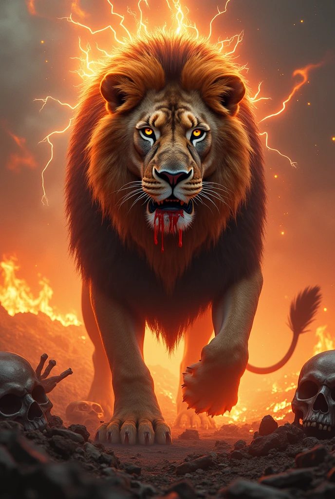 An imposing lion with thunder in his eyes, blood in the mouth, standing on fire and skulls background