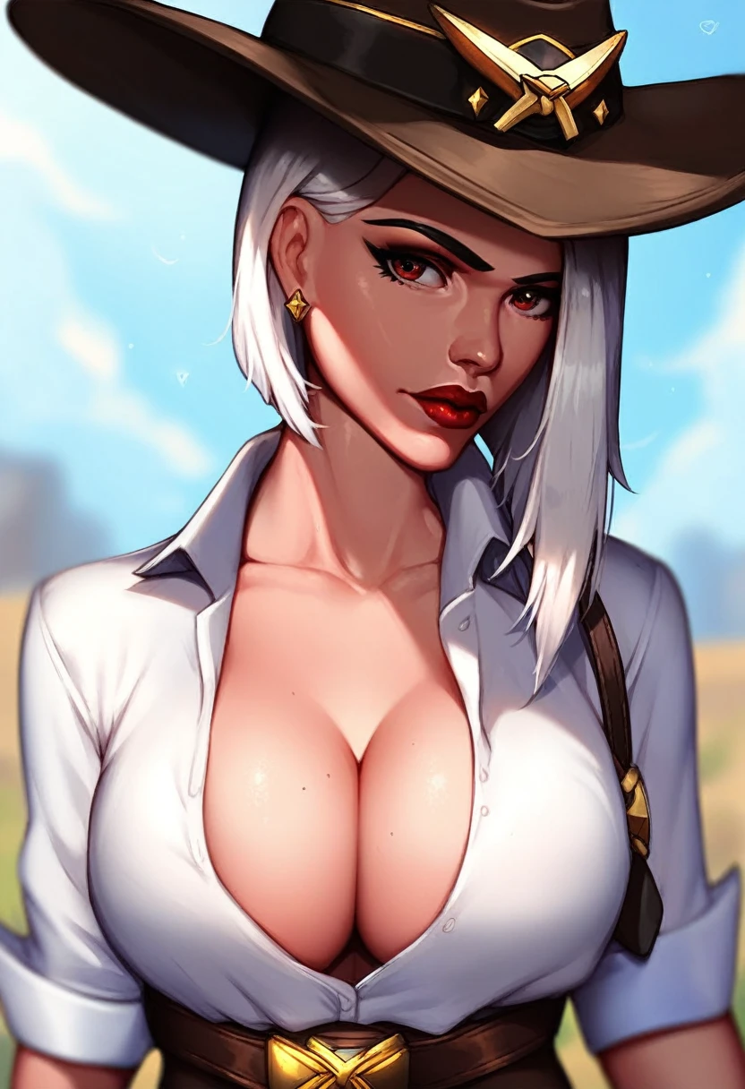 score_9, score_7_up, 1girl, solo, (ashe \(overwatch\)):0.7, collared shirt, cowboy hat, headshot, cleavage, presenting, depth of field, large breasts