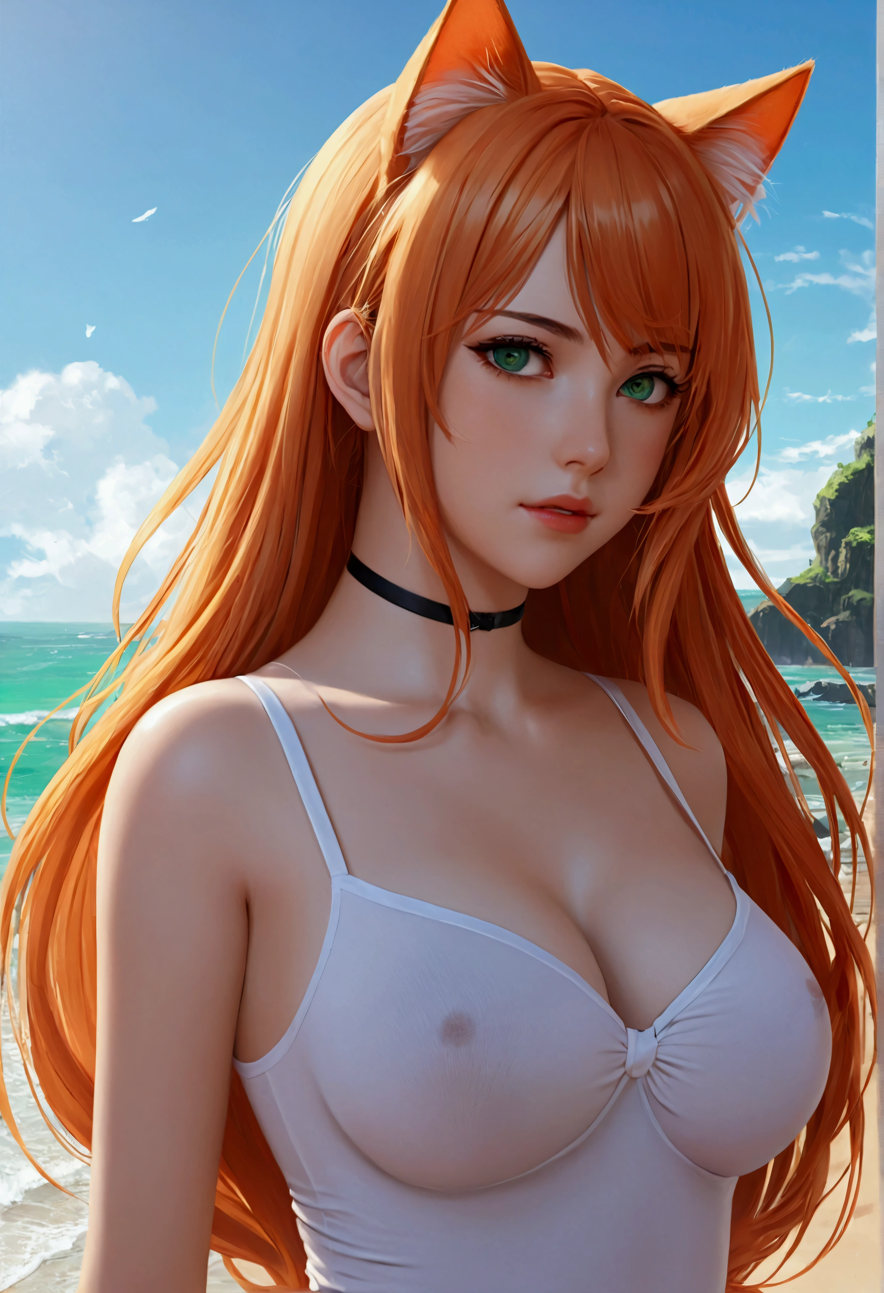 anime girl with long orange hair standing on beach near ocean, green eyes detailed digital anime art, cat ears, , anime girl with long hair, smooth anime cg art, anime girl with long hair, average breast size, digital anime art, artwork in the style of guweiz, beautiful anime portrait, photorealistic anime girl render, beautiful anime girl, advanced digital anime art, pantyhose, guweiz on artstation pixiv upscale HD UHD HQ