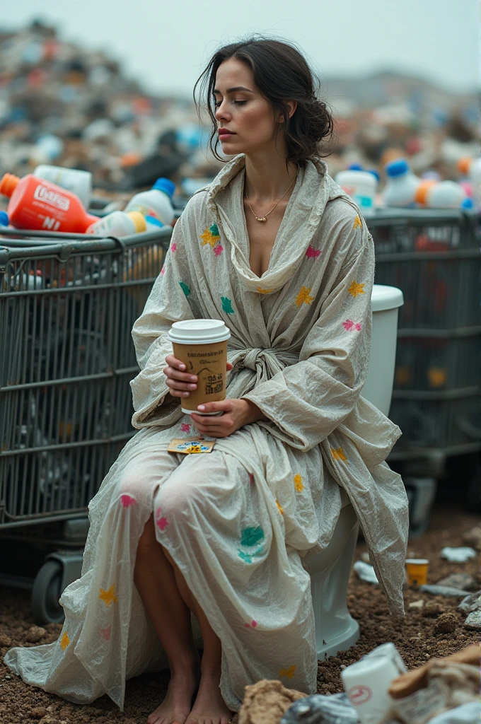 Concept: A woman dressed in a robe made entirely of plastic bags, sitting on a toilet in the middle of a landfill. She’s surrounded by empty shopping carts, each filled with more plastic waste. In her hands, she holds a credit card and a disposable coffee cup, her face serene as if in meditation.