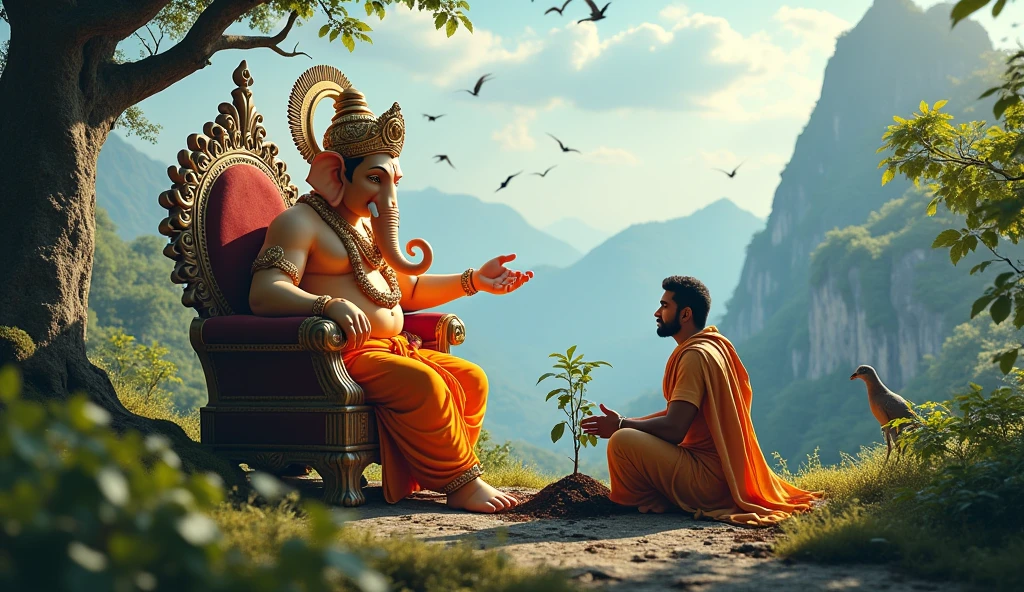 High quality ultra HD image of Lord Ganesha blessing with his front right hand to Indian man. Lord ganesha is seating on sinhasan. Indian Man is planting tree and he has wear traditional indian dress. Natural background with mountains, many trees and many birds with one big mooshak and elephant.