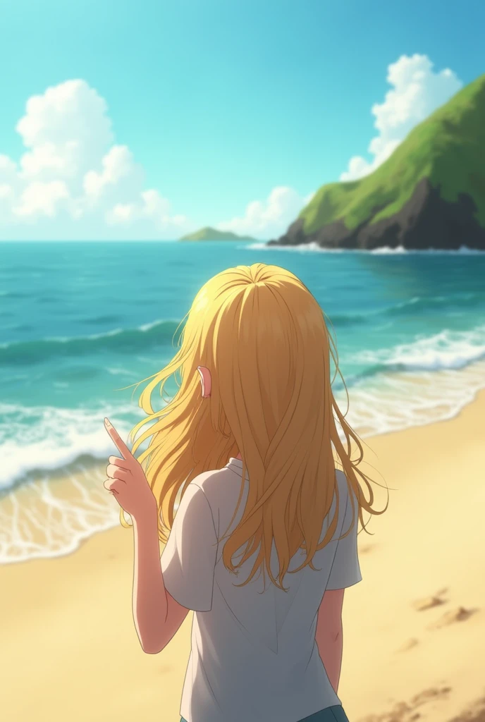 Looking on the back of a blonde girl on the beach holding her hand in point of view, she is looking forwards, her hair waves in the wind