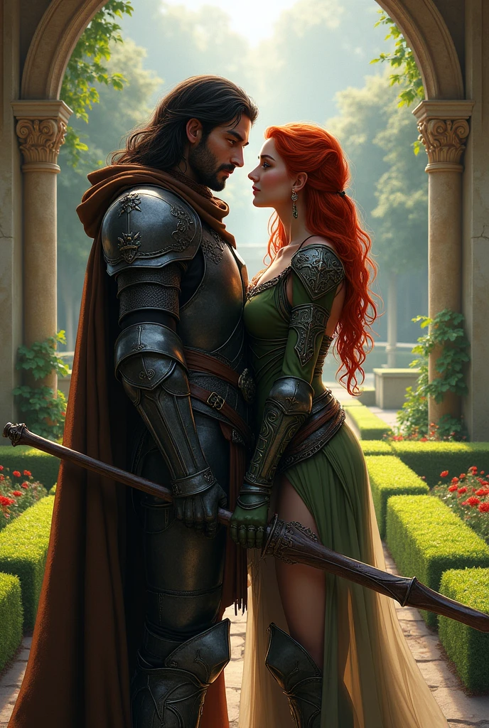 Generate a man who looks like (Ronnie Radke). (He has long black hair.) He wears black and grey armor with a long brown cloak and hood. He holds a lance with a wide blade. A woman who looks like (Triss Merigold) stands next to him. (She has red hair.) She wears green and brown fantasy witch light armor. They look at each other woth love. They are in a royal gardens. Fantasy style. Realistic digital (drawn) image.