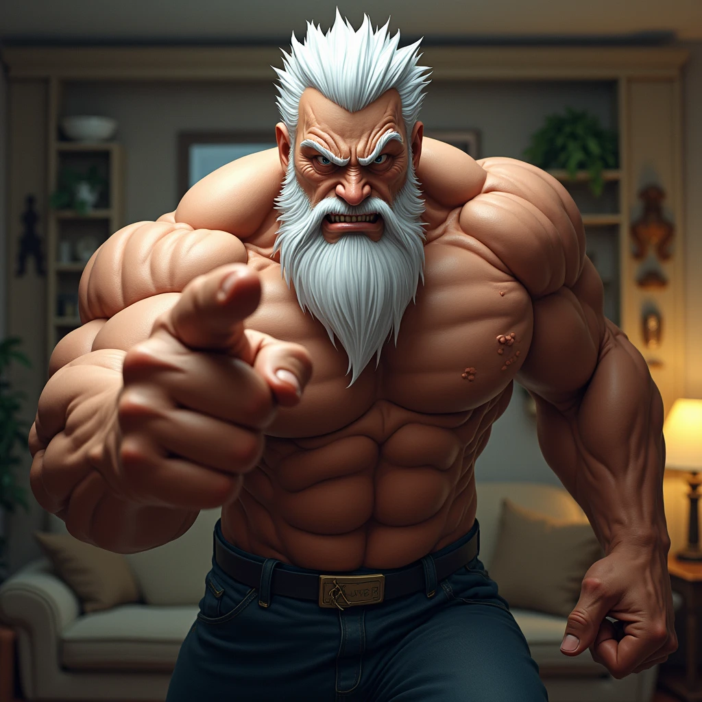 An extremely muscular man, with veins protruding from his powerful muscles, and white hair and beard He is pointing his finger towards the camera, speaking very loudly and seriously, angry, , in the background the living room of a house
