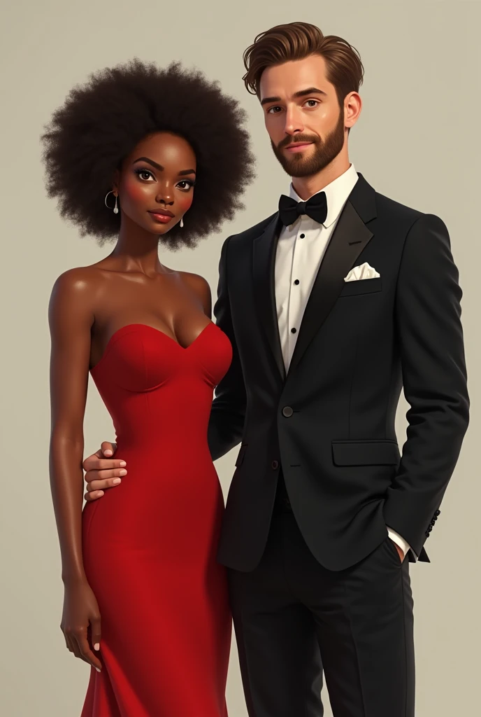 women, tan skin color, high, weight 175 pounds, short dark brown afro curly hair, Almond eyes with double eyelids, few eyebrows, hourglass body, mole almost in the middle of the eyebrows, diamond face shape, long and slender hands, long feet size 9, dressed in a red dress, next to a tall man, Caucasian, light brown hair, light brown eyes, with a bushy beard,dressed in a formal black suit.