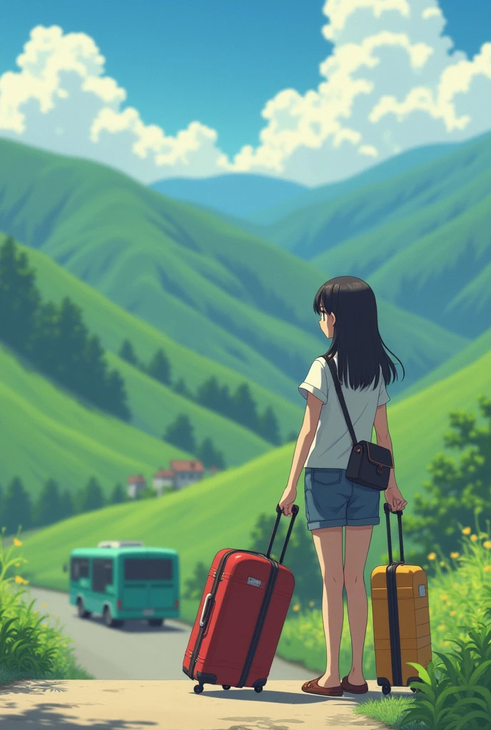 Image of an adult girl saying goodbye to her family. The girl has suitcases with a background of hills and a bus in green anime