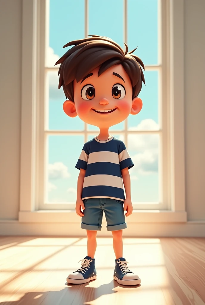 cartoon character in the middle of the room imagining various worlds and universes short black hair dark brown eyes light skin wearing navy blue and white striped shirt jean shorts all star sneakers happy and with an innocent look