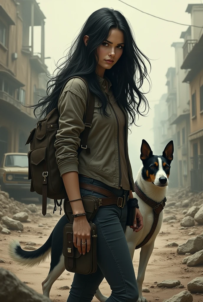 An illustration of a woman with long black hair and her jack russell in a apocalyptic world