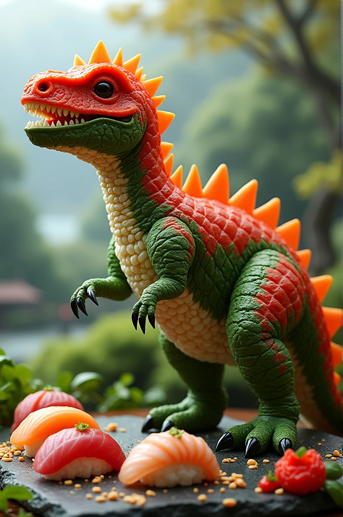 A dinosaur made of sushi pieces
