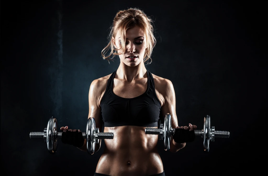 female teenager, long flaming red hair, smiling brightly, gym clothes, dumbbell exercise pose, full body, photorealistic, realistic lighting, highly detailed, 8k, exquisite, vibrant colors, natural skin tones, beautiful eyes, beautiful lips, dynamic pose, athletic, fit, glowing skin, studio lighting, warm color palette, gym background