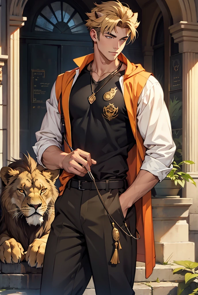 Young man with his pet lion