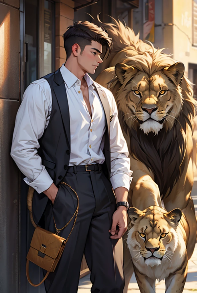 Young man with his pet lion 