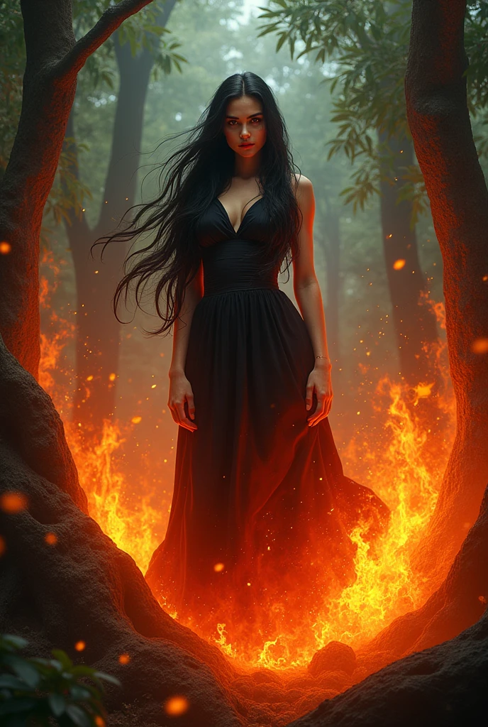 A woman standing in flames and in the forest, Not 20, long black hair, blood red lips, red normal eyes, her gaze powerful