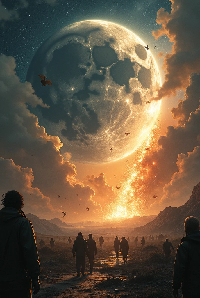Apocalyptic scene, at night the moon collides with the earth in fire, thousands of angels fall from the clouds to the earth, rocks fly, people scream.