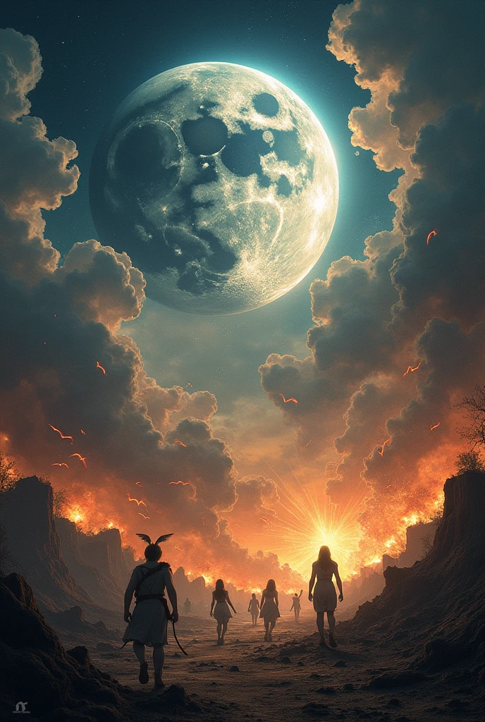 Apocalyptic scene, at night the moon collides with the earth in fire, thousands of angels fall from the clouds to the earth, rocks fly, people scream.